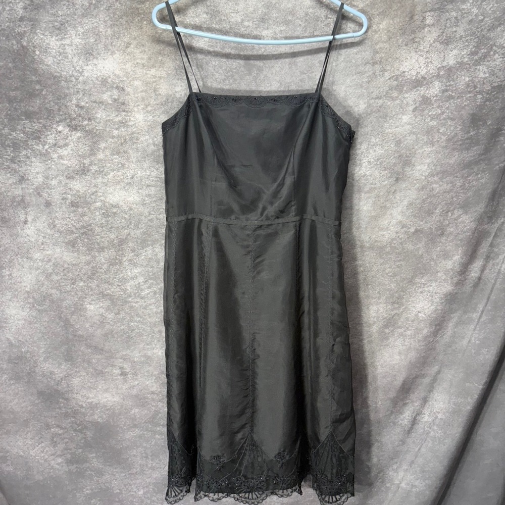 Y2K Ann Taylor Black 100% Silk Beaded Lace Trim Slip Dress Sz 8 Spaghetti Strap